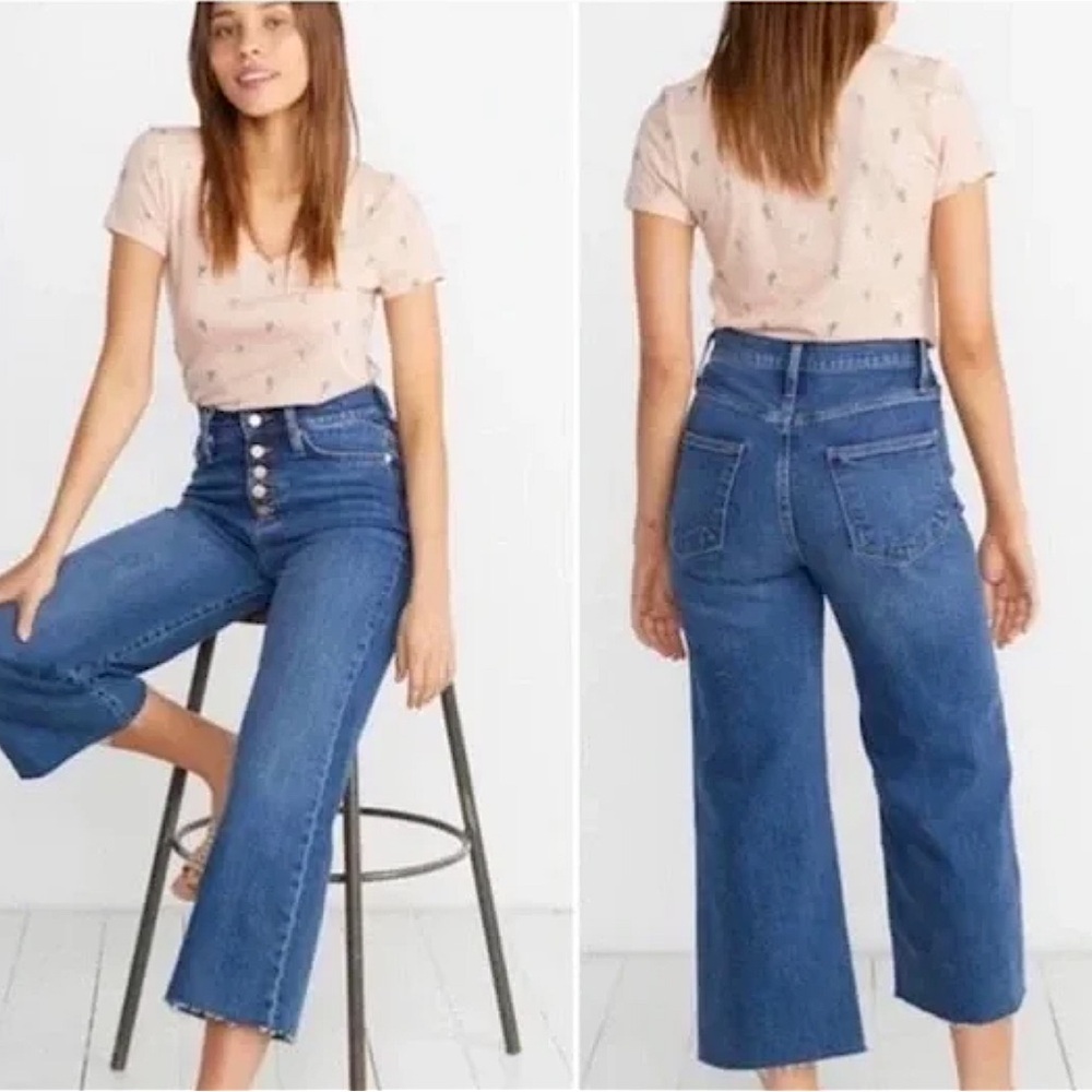 Marine Layer Wide Leg Crop Stretch Jeans Raw Hem Size 28 Medium Wash